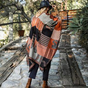Neo Bohemian Patch Work Frayed Edge Long Kimono, Ruana OS Fall Colors